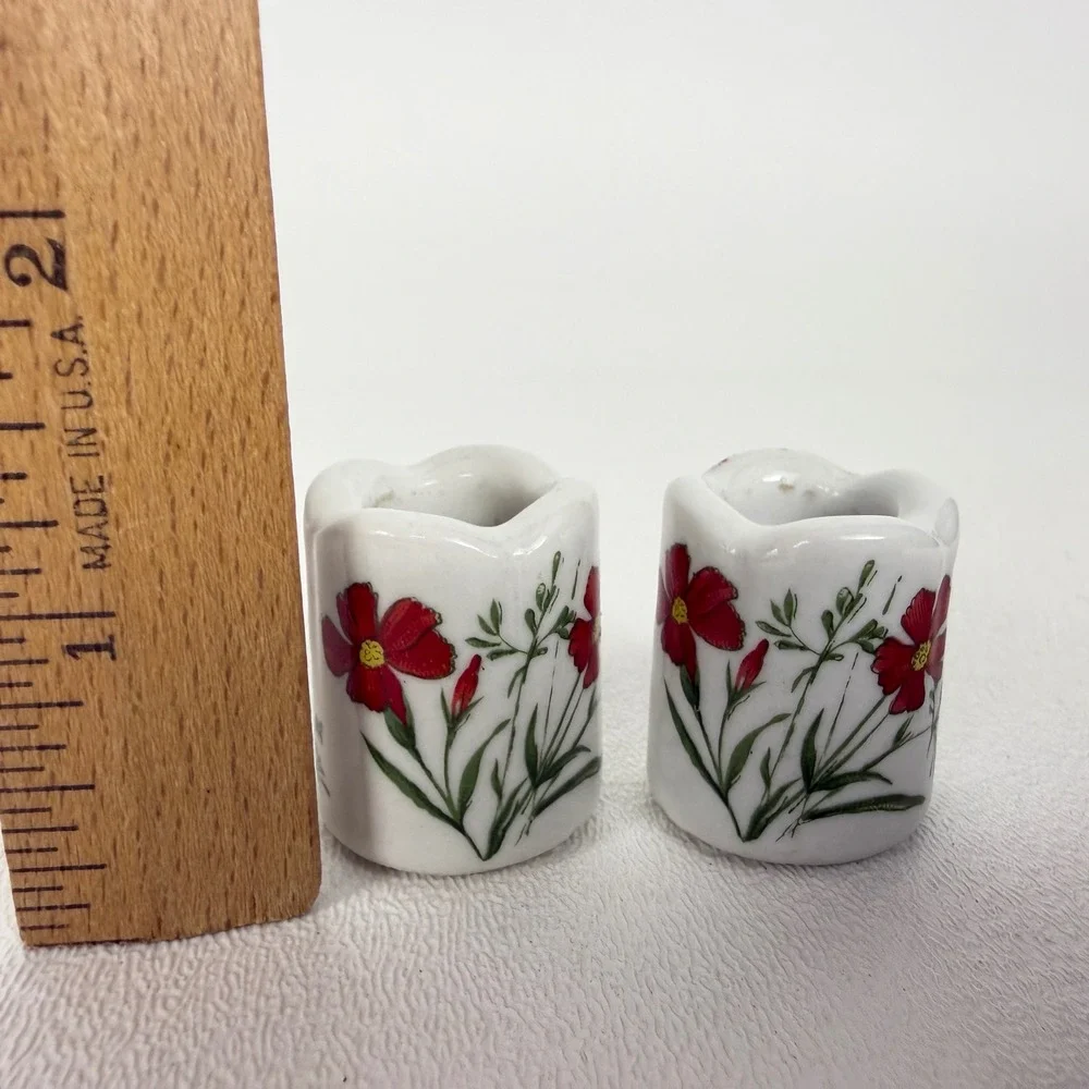 Funny Design Candle Holders W. Germany Floral Red Flower Scalloped Vintage Pair